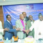 L-R; Apostle Alex Bamgbola, Amb. Ihonde, Archbishop Atilade, Chidi Ilogu (SAN) Dr Kolade with Agbazue (behind) at the event. copy