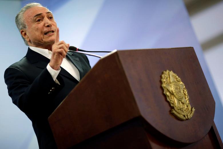 Brazil’s President Michel Temer speaks at Planalto Palace in Brasilia
