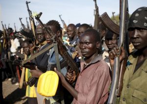 Jikany Nuer White Army fighters holds their weapons in Upper Nile State, South Sudan