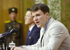 FILE PHOTO – Otto Warmbier attends a new conference in Pyongyang North Korea