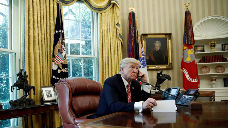 U.S. President Donald Trump congratulates Prime Minister Leo Varadkar of Ireland, during a phone call at the Oval Office of the White House in Washington