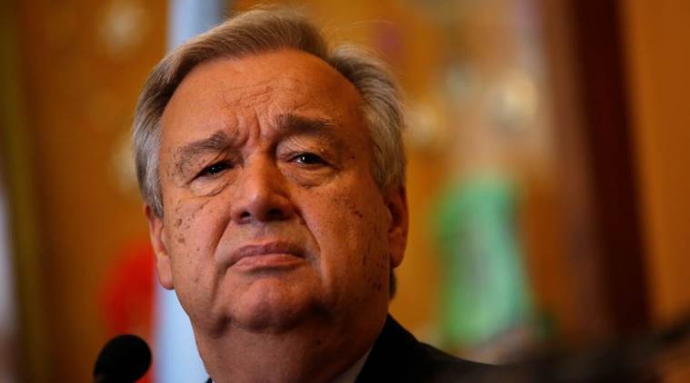 U.N. Secretary-General Guterres attends a news conference with Portugal’s Foreign Affairs minister Santos at the Necessidades Palace in Lisbon
