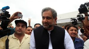 Pakistan’s former Petroleum Minister and Prime Minister designate Shahid Khaqan Abbasi arrives to attend the National Assembly session in Islamabad