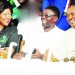 NWFL Super 4- Aisha Falode, Chairman of Nigeria Women’s League board (l) chatting with Edo State Deputy Governor, Philip Shaibu (m) and Nasarawa State Deputy Governor, Silas Agara