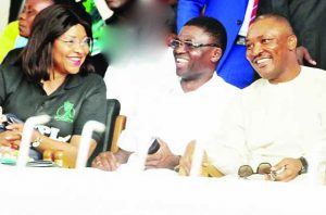 NWFL Super 4- Aisha Falode, Chairman of Nigeria Women’s League board (l) chatting with Edo State Deputy Governor, Philip Shaibu (m) and Nasarawa State Deputy Governor, Silas Agara