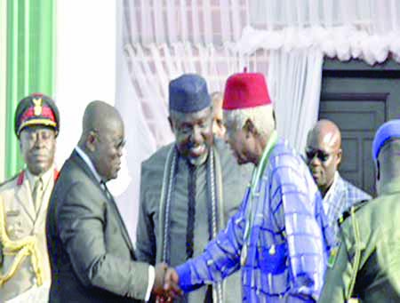 Ghanaian President, Nana Addo Akufo exchanging pleasantries with Dr Alex Ekwueme and Governor Rochas Okorocha