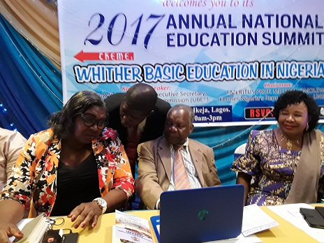 L-R-Prof Ngozi Osarenren, Mr. Bosun Ogundare (behind), Prof Michael Omolewa and Dr. Sharon at Education Writers’ Association of Nigeria Annual National Summit on education on Thursday