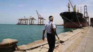 FILE PHOTO: Soldier walks at Red Sea port of Hodeidah, Yemen