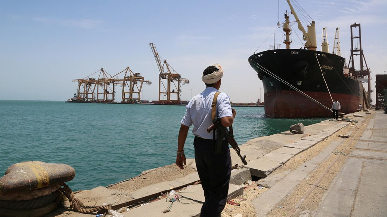 FILE PHOTO: Soldier walks at Red Sea port of Hodeidah, Yemen