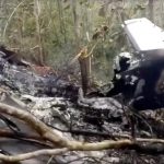 Wreckage in flames after a plane crashed in the mountainous area of Punta Islita, in the province of Guanacaste, in Costa Rica