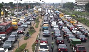 Heavy traffic is seen on the Lagos-Abeokuta expressway in Nigeria’s commercial capital Lagos