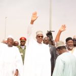 Pre Buhari flanked by Gov Badaru of Jigawa and his counterpart from Kano, Abdullahi Umar Ganduje weaving mamoth crowd at DIA, when the president visted the state, yeaterday. CUT CEE, GH DUTSE