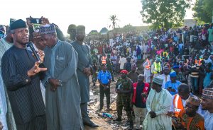 Vice President, Prof Yemi Osinbajo addressing the flood victims in Jibia, Katsina