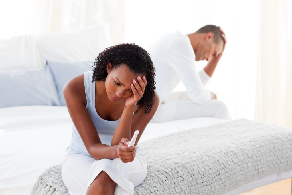Upset couple finding out results of a pregnancy test