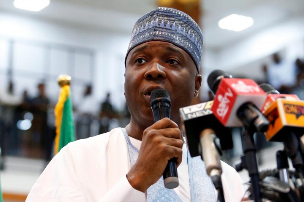 Nigeria’s Senate President Bukola Saraki speaks during a news conference at the white house lobby of the National Assembly in Abuja