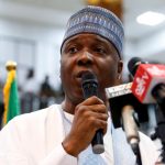 Nigeria’s Senate President Bukola Saraki speaks during a news conference at the white house lobby of the National Assembly in Abuja
