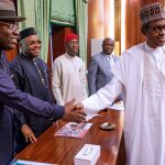 Buhari meets with South South PDP governors (L-R): Dickson, Emmanuel, Okowa, Wike