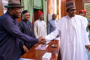 Buhari meets with South South PDP governors (L-R): Dickson, Emmanuel, Okowa, Wike