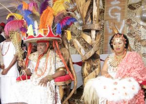 Eze Iweka III, the Eze Obosi, with his wife, Enyinwanyi Kosisochuchukwu Iweka, during the 2018 Obiora Festival