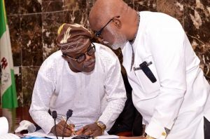 Ousted Ondo Assembly Speaker David Oloyelogun (L) with Governor Akeredolu (R)