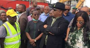 Governor Wike and wife at the site the building collapse