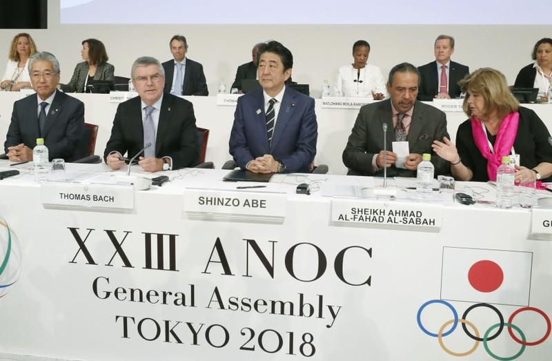 FILE PHOTO: IOC President Bach, Japan’s PM Abe and ANOC President Al-Sabah attend the XXIII ANOC General Assembly in Tokyo