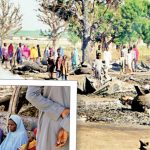 Inhabitants of Kofa Bularin, Konduga Local Government, Borno State, inspect their razed houses after attack by Boko Haram insurgents Inset- Man condoling a woman and her children