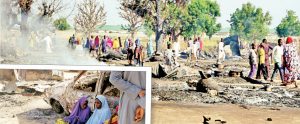 Inhabitants of Kofa Bularin, Konduga Local Government, Borno State, inspect their razed houses after attack by Boko Haram insurgents Inset- Man condoling a woman and her children