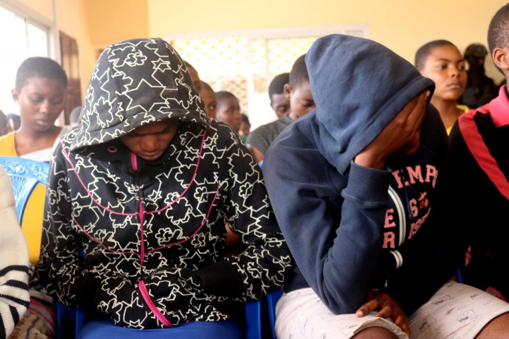 School children who were kidnapped by armed men are pictured after they were released, at a governor’s office in Bamenda