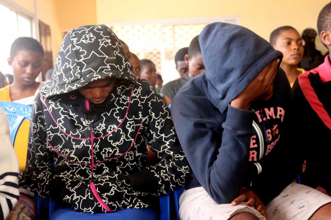 School children who were kidnapped by armed men are pictured after they were released, at a governor’s office in Bamenda