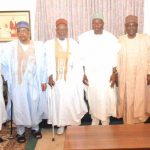 Former Nigerian headsof state, president (L-R:) Shonekan, Babangida, Shagari, Jonathan, Gowon, Abdulsalami