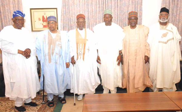 Former Nigerian headsof state, president (L-R:) Shonekan, Babangida, Shagari, Jonathan, Gowon, Abdulsalami