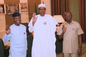 L-R: Osinbajo, Buhari, Oshiomhole