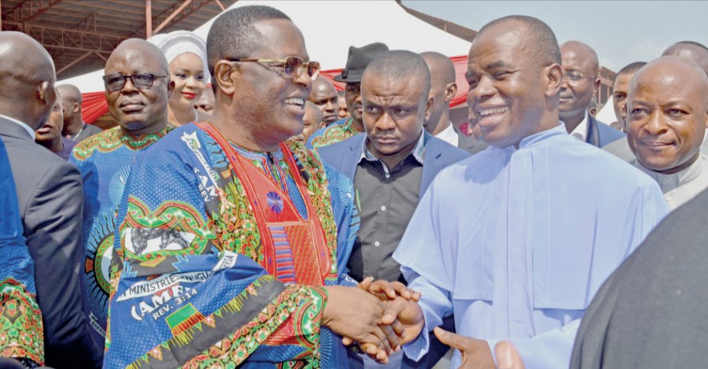 Ebonyi State Governor, David Umahi; with Rev. Father Ejike Mbaka, during 2018 and thanksgiving service at the Adoration Ground, Enugu, yesterday