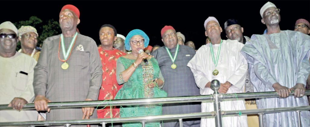 L–R: Ayo Adebanjo (Afenifere leader); Chief Nnia Nwodo (Ohanaeze President General); Patience Mbakwe (Chief Sam Mbakwe’s daughter); Chief Emmanuel Iwuanyanwu; Kano State Governor, Abdullahi Ganduje; Imo State Governor, Rochas Okorocha and Ibrahim Shekarau, during the Imo Merit Award ceremony held at Ikemba Ojukwu Heroes Pavilion