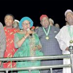 L–R: Ayo Adebanjo (Afenifere leader); Chief Nnia Nwodo (Ohanaeze President General); Patience Mbakwe (Chief Sam Mbakwe’s daughter); Chief Emmanuel Iwuanyanwu; Kano State Governor, Abdullahi Ganduje; Imo State Governor, Rochas Okorocha and Ibrahim Shekarau, during the Imo Merit Award ceremony held at Ikemba Ojukwu Heroes Pavilion