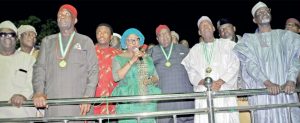 L–R: Ayo Adebanjo (Afenifere leader); Chief Nnia Nwodo (Ohanaeze President General); Patience Mbakwe (Chief Sam Mbakwe’s daughter); Chief Emmanuel Iwuanyanwu; Kano State Governor, Abdullahi Ganduje; Imo State Governor, Rochas Okorocha and Ibrahim Shekarau, during the Imo Merit Award ceremony held at Ikemba Ojukwu Heroes Pavilion