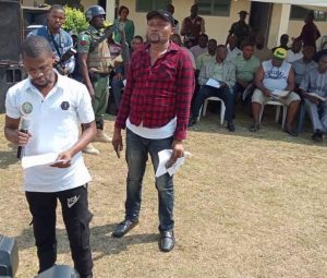 Leader of BSF, Benjamin Ene, reading his acceptance speech at the handover grand at Bakassi