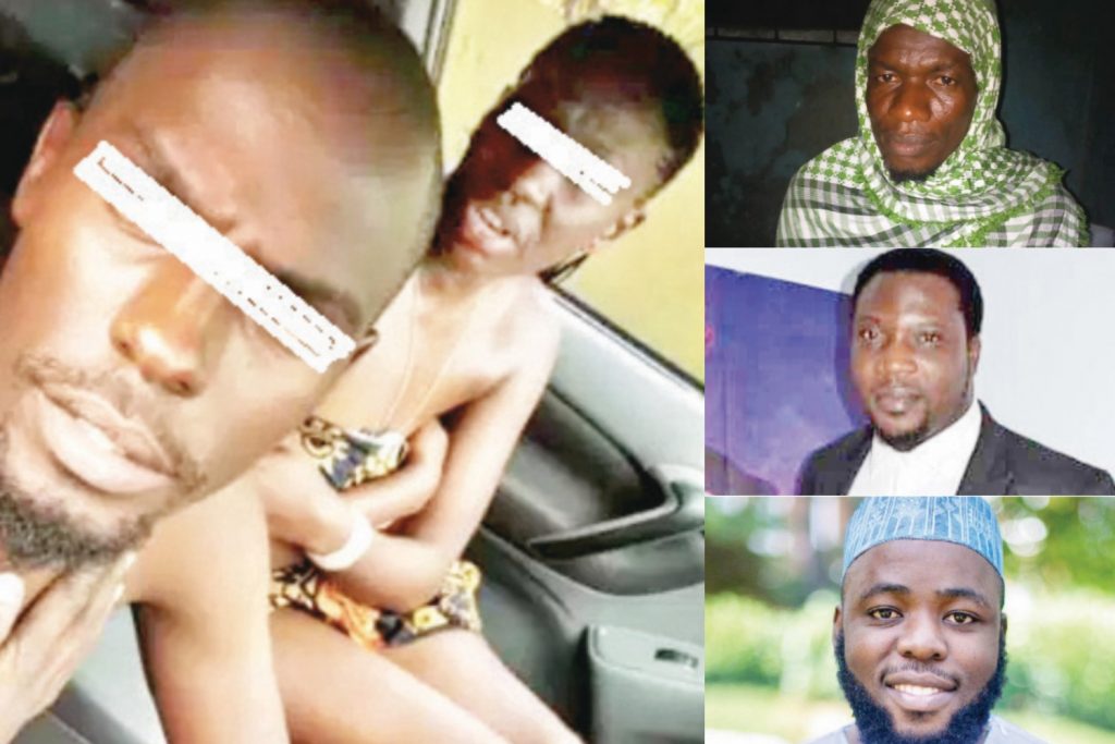 (clockwise): The couple during their car sex in public; Raji, Ogunbiyi, Kazeem