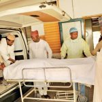 The remains of former President Shehu Shagari being carried out from the National Hospital Abuja, on Saturday