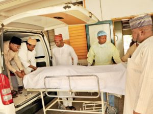 The remains of former President Shehu Shagari being carried out from the National Hospital Abuja, on Saturday