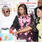 Aare Babalola (middle), his wife, Yeye Aare Modupe (right), Vice Chan- cellor, Prof. Michael Ajisafe (left), and the Registrar, Lady Christie Oluboro- de, during the celebration
