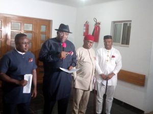 L-R: Governors Ben Ayade, Seriake Dickson, Nyesom Wike and Udom Emmanuel of Cross River, Bayelsa, Rivers and Akwa Ibom states, respectively, during a press briefing after the South South governors’ meeting over the Chief Justice of Nigeria, Walter Onnoghen’s proposed arraignment by the Federal Government in Abuja, yesterday