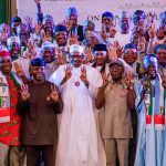 President Muhammadu Buhari (middle); at the inauguration of the APC Presidential Campaign Council in Abuja, yesterday