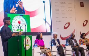 L-R: Vice President Yemi Osinbajo, founder, Bella Naija, Uche Pedro: Prof. Wole Soyinka, representative of INEC Chairman, Mr. Festus Okoye, MD/EIC, New Telegraph Newspaper, Funke Egbemode at the opening of BBC Conference-Beyond fake news, in Abuja, yesterday