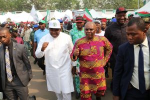 Gov. Ugwuanyi taking Sen Chimaroke round to greet the crowd that came to welcome him on his historic visit to the Lion Building (1)