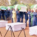 Remains of the gallant Air Force officers who died while fighting insurgents in Borno being laid to rest at the Military Cemetery, in Abuja, yesterday