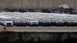 Parked cars are pictures at the car terminal at the port of Valencia