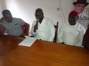 APC candidate for Ezza North West State Constituency, Mr Nome Innocent (m)_ PDP’s candidate, Mr Friday Nwuhuo (L) and a PDP chieftain during the press conference in Abakaliki