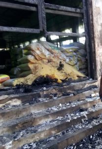 A section of the SEMA warehouse destroyed by fire in Calabar yesterday.
